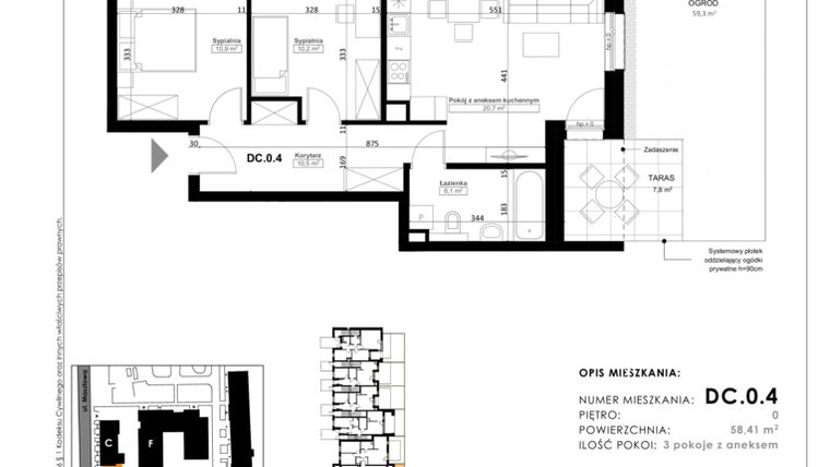 Rzut - Mieszkanie na sprzedaż 3 pokoje o powierzchni 58,41 m² - numer DC.0.4 w Nowy Folwark