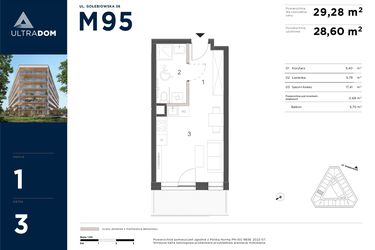Rzut - Mieszkanie na sprzedaż 1 pokój o powierzchni 29,3 m² - numer M095 w Ultradom