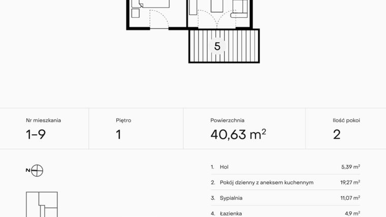 Rzut - Mieszkanie na sprzedaż 2 pokoje o powierzchni 40,63 m² - numer 1-9 w Pączka 1