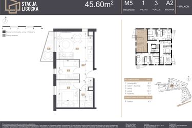 Rzut - Mieszkanie na sprzedaż 3 pokoje o powierzchni 45,6 m² - numer A2_M5 w Stacja Ligocka