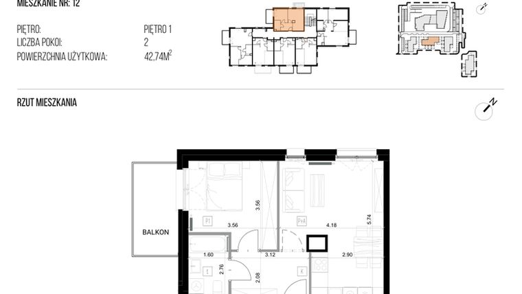 Rzut - Mieszkanie na sprzedaż 2 pokoje o powierzchni 42,74 m² - numer 22H/12 w NATURAMA II