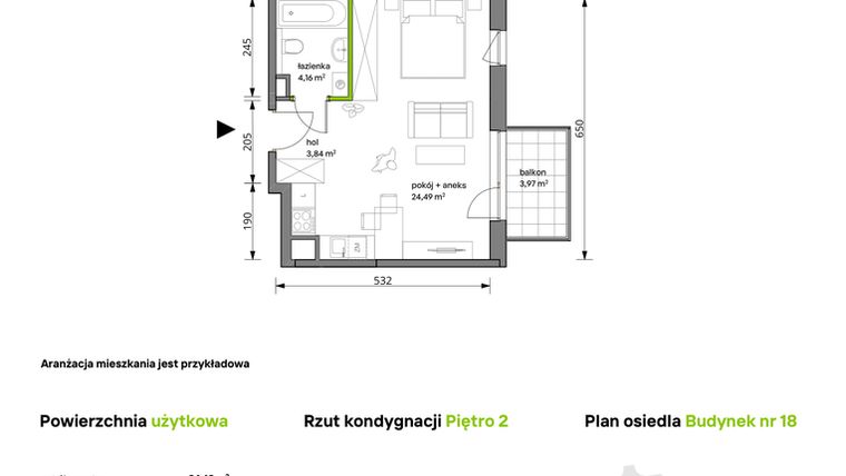 Rzut - Mieszkanie na sprzedaż 1 pokój o powierzchni 32,49 m² - numer 18/081 w Trzcinowa Vita
