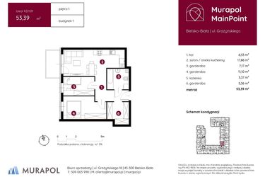 Rzut - Mieszkanie na sprzedaż 1 pokój o powierzchni 53,39 m² - numer 1.B.1.01 w Murapol MainPoint