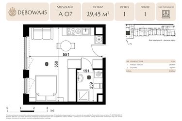 Rzut - Mieszkanie na sprzedaż 1 pokój o powierzchni 29,45 m² - numer A.07 w Dębowa 45