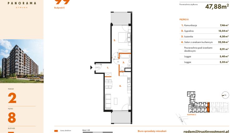 Rzut - Mieszkanie na sprzedaż 2 pokoje o powierzchni 48,79 m² - numer E99 w Panorama Struga