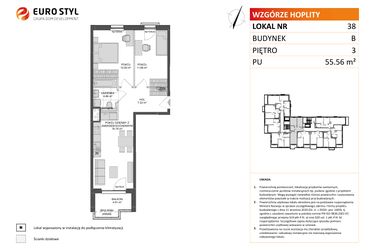 Rzut - Mieszkanie na sprzedaż 3 pokoje o powierzchni 55,56 m² - numer B.38 w Wzgórze Hoplity etap II