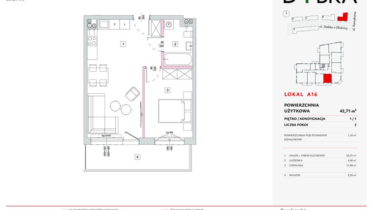 Rzut - Mieszkanie na sprzedaż 2 pokoje o powierzchni 42,71 m² - numer A16 w Dobka