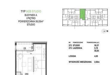 Rzut - Mieszkanie na sprzedaż 1 pokój o powierzchni 56,05 m² - numer M2B.P2 w Apartamenty Żorska
