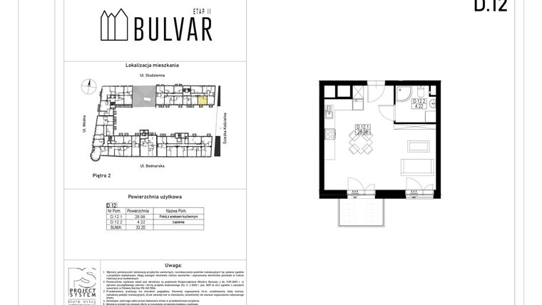 Rzut - Mieszkanie na sprzedaż 1 pokój o powierzchni 33,2 m² - numer D12 w Bulvar etap II