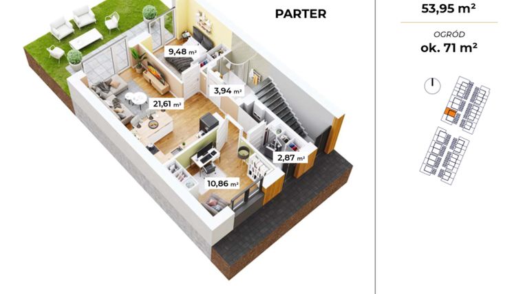 Rzut - Mieszkanie na sprzedaż 3 pokoje o powierzchni 53,44 m² - numer B-3 w Osiedle Lędziny