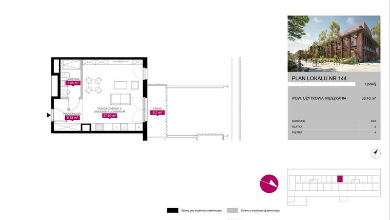 Rzut - Mieszkanie na sprzedaż 1 pokój o powierzchni 38,48 m² - numer 144 w Fuzja Mieszkania Loftowe