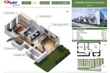 Rzut - Mieszkanie na sprzedaż 2 pokoje o powierzchni 42,48 m² - numer 17B w Rumia Osiedle Zielone Zacisze