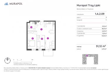 Rzut - Mieszkanie na sprzedaż 2 pokoje o powierzchni 51,12 m² - numer 1.A.2.09 w Murapol Trzy Lipki