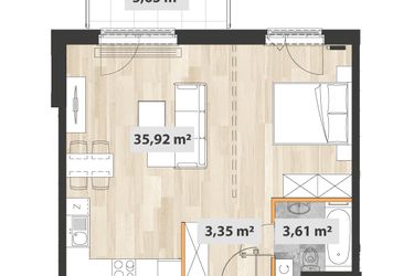 Rzut - Mieszkanie na sprzedaż 1 pokój o powierzchni 43,38 m² - numer A.05.07 w Na Okrzei