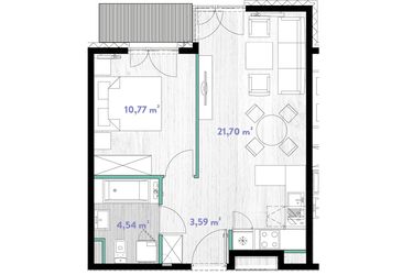 Rzut - Mieszkanie na sprzedaż 2 pokoje o powierzchni 40,65 m² - numer A.01.09 w Do Wilgi
