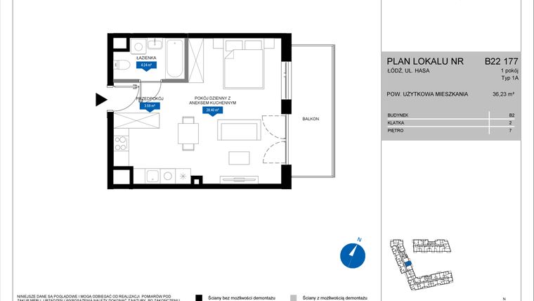 Rzut - Mieszkanie na sprzedaż 1 pokój o powierzchni 36,23 m² - numer B22 177 w Flow - bud. B2 A i bud. B2 B