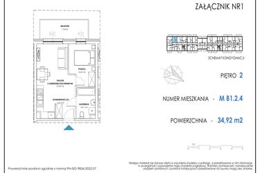 Rzut - Mieszkanie na sprzedaż 2 pokoje o powierzchni 34,92 m² - numer B1.2.4 w Apartamenty Nowe Miasto