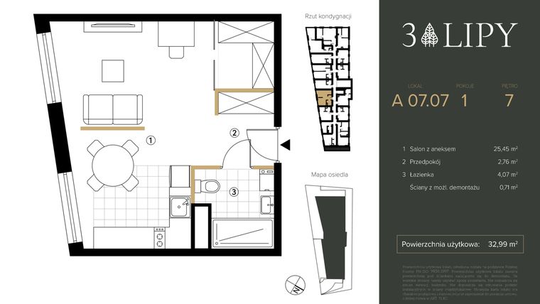 Rzut - Mieszkanie na sprzedaż 1 pokój o powierzchni 32,99 m² - numer A.07.07 w 3 lipy