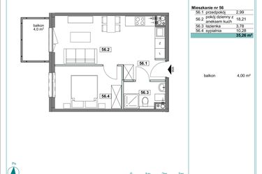 Rzut - Mieszkanie na sprzedaż 2 pokoje o powierzchni 35,54 m² - numer D.56 w Osiedle Kościuszki etap II