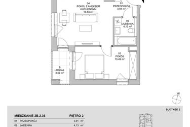 Rzut - Mieszkanie na sprzedaż 2 pokoje o powierzchni 41,36 m² - numer 2B.2.36 w Francuska Park VIIIA