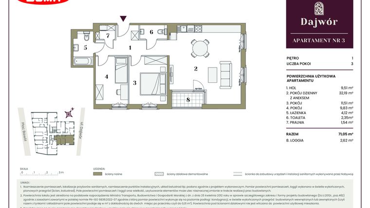 Rzut - Mieszkanie na sprzedaż 3 pokoje o powierzchni 71,05 m² - numer 3 w Dajwór
