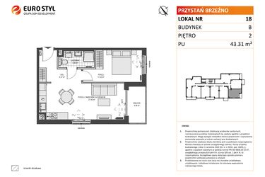 Rzut - Mieszkanie na sprzedaż 2 pokoje o powierzchni 43,31 m² - numer B18 w Przystań Brzeźno etap 1.2