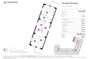 Rzut - Mieszkanie na sprzedaż 4 pokoje o powierzchni 69,09 m² - numer 1.A.3.03 w Murapol Scarpa
