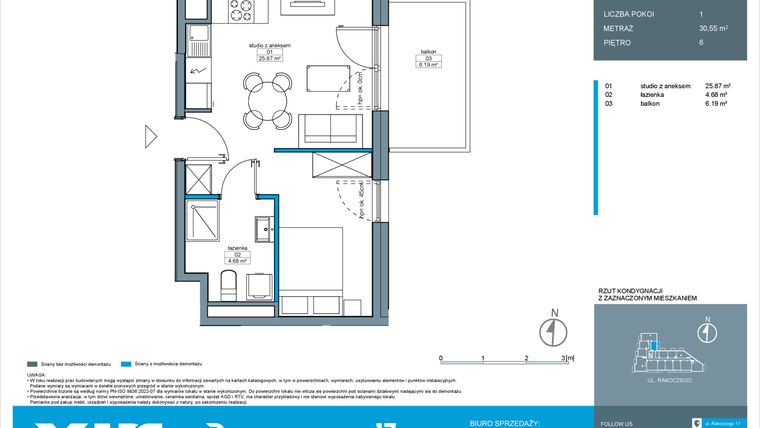 Rzut - Mieszkanie na sprzedaż 1 pokój o powierzchni 30,55 m² - numer A.6.13 w Rakoczego 17