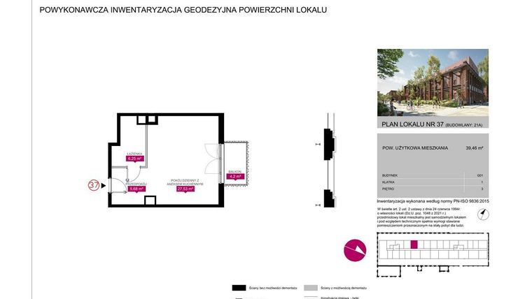 Rzut - Mieszkanie na sprzedaż 1 pokój o powierzchni 39,46 m² - numer 21A w Fuzja Mieszkania Loftowe