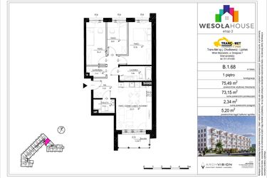 Rzut - Mieszkanie na sprzedaż 4 pokoje o powierzchni 73,15 m² - numer B.1.68 w Wesoła House Etap II