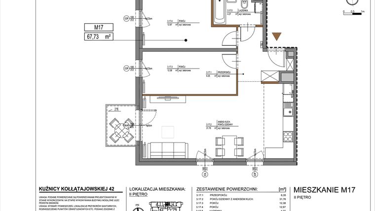 Rzut - Mieszkanie na sprzedaż 3 pokoje o powierzchni 67,73 m² - numer M17 w Kuźnicy Kołłątajowskiej 42