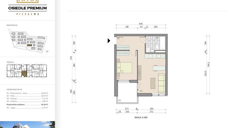 Rzut - Mieszkanie na sprzedaż 2 pokoje o powierzchni 41,1 m² - numer B1.31 w Osiedle Premium etap IV