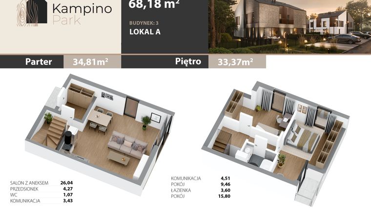 Rzut - Mieszkanie na sprzedaż 3 pokoje o powierzchni 68,18 m² - numer 2A w Kampino Park