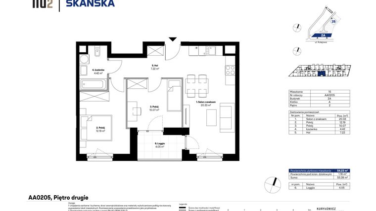 Rzut - Mieszkanie na sprzedaż 3 pokoje o powierzchni 54,43 m² - numer AA0205 w NU2 Warszawa Wola - apartamenty wykończone pod klucz