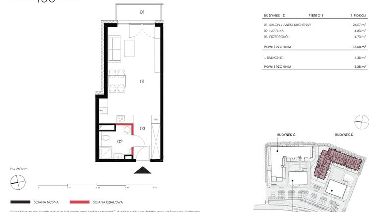 Rzut - Mieszkanie na sprzedaż 1 pokój o powierzchni 35,6 m² - numer D 1.07 w Naramowicka 100