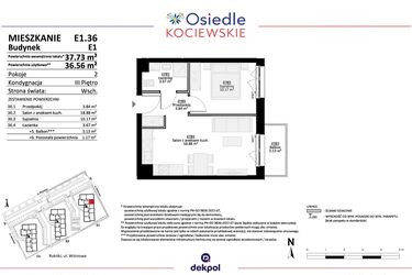 Rzut - Mieszkanie na sprzedaż 2 pokoje o powierzchni 36,56 m² - numer E1.36 w Osiedle Kociewskie bud. E