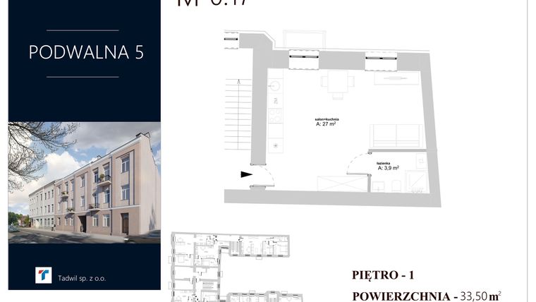 Rzut - Mieszkanie na sprzedaż 1 pokój o powierzchni 33,5 m² - numer M 0.17 w Podwalna 5