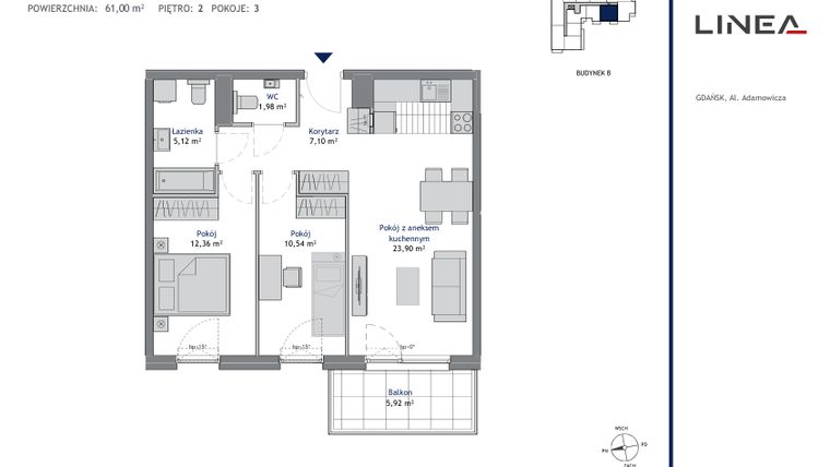 Rzut - Mieszkanie na sprzedaż 3 pokoje o powierzchni 61 m² - numer B.2.8 w Linea
