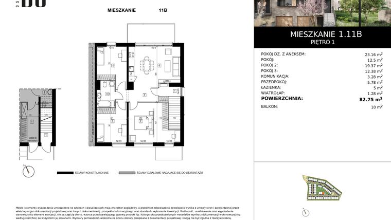 Rzut - Mieszkanie na sprzedaż 4 pokoje o powierzchni 82,45 m² - numer 1.11B w Osiedle Bo