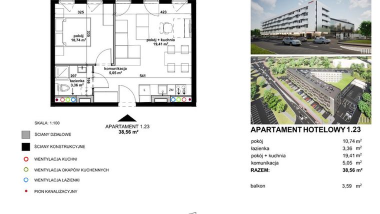 Rzut - Mieszkanie na sprzedaż 2 pokoje o powierzchni 38,55 m² - numer 1.23 w Apartamentowiec Zwycięska 3 - inwestycyjne