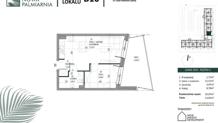 Rzut - Mieszkanie na sprzedaż 2 pokoje o powierzchni 35,97 m² - numer B10 w Nowa Palmiarnia