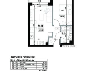 Rzut - Mieszkanie na sprzedaż 2 pokoje o powierzchni 40,81 m² - numer M15 w Miejska Premium II