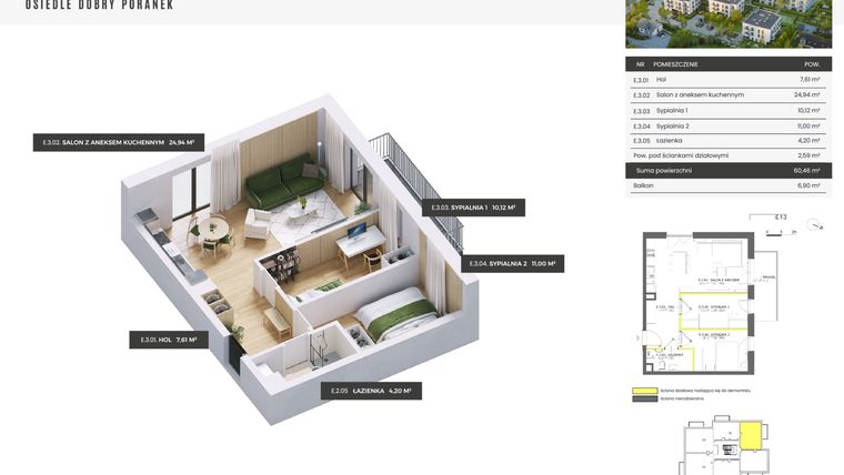 Rzut - Mieszkanie na sprzedaż 3 pokoje o powierzchni 60,46 m² - numer E.1.3 w Dobry Poranek
