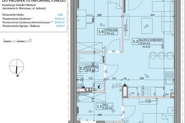 Rzut - Mieszkanie na sprzedaż 3 pokoje o powierzchni 54,95 m² - numer 66B w Osiedle Młodych etap X