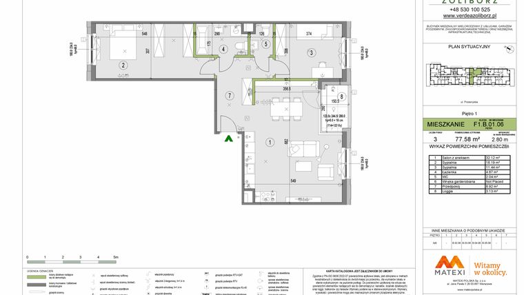 Rzut - Mieszkanie na sprzedaż 3 pokoje o powierzchni 77,58 m² - numer F1.B.01.06 w Verdea Żoliborz