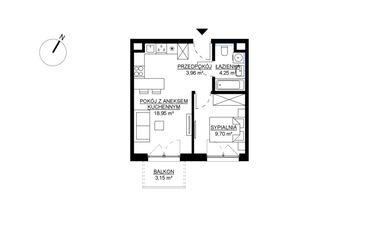 Rzut - Mieszkanie na sprzedaż 2 pokoje o powierzchni 36,86 m² - numer M28 w KWADRAT etap 2