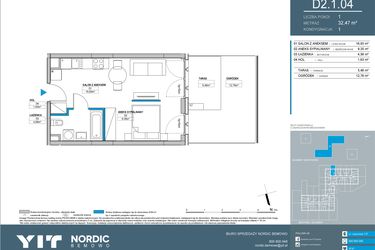 Rzut - Mieszkanie na sprzedaż 1 pokój o powierzchni 32,47 m² - numer D2.1.04 w Nordic Bemowo - etap IV