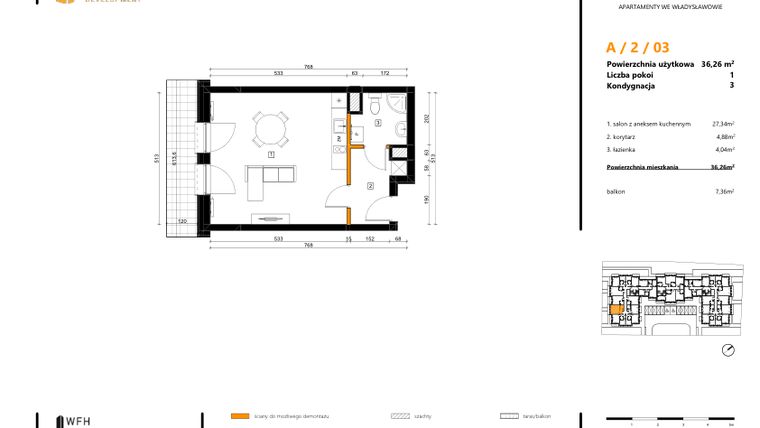 Rzut - Mieszkanie na sprzedaż 1 pokój o powierzchni 36,26 m² - numer A.2.03 w SPOT