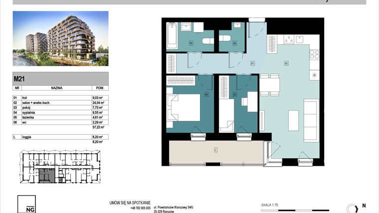 Rzut - Mieszkanie na sprzedaż 3 pokoje o powierzchni 57,27 m² - numer D21 w Panorama Kwiatkowskiego