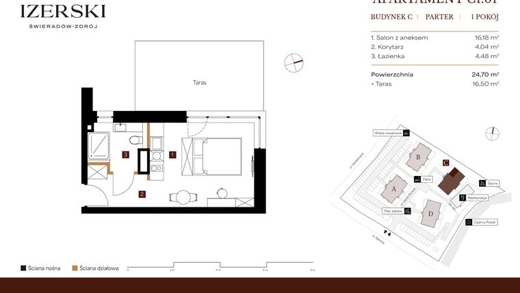 Rzut - Mieszkanie na sprzedaż 1 pokój o powierzchni 24,7 m² - numer C1.01 w Bulwar Izerski